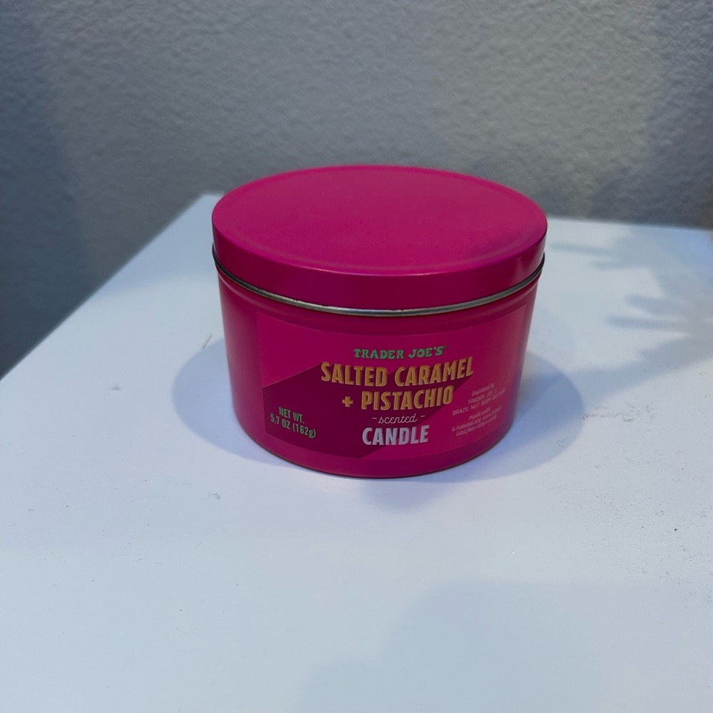 Trader Joe’s, scented candle, salted caramel and pistachio, pink